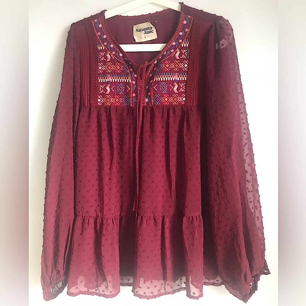 SAVANNA JANE Burgundy Embroidered Swiss Dot Top - Picture 6 of 13
